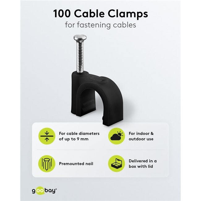 Goobay kabelklemmen met spijker | max. 9mm | 100 stuks | zwart