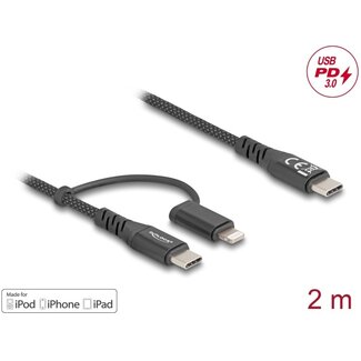 DeLOCK Delock USB Cable 2 in 1 USB Type-C™ to USB Type-C™ / Lightning™ for iPhone™ and iPad™ 2 m MFi 60 W