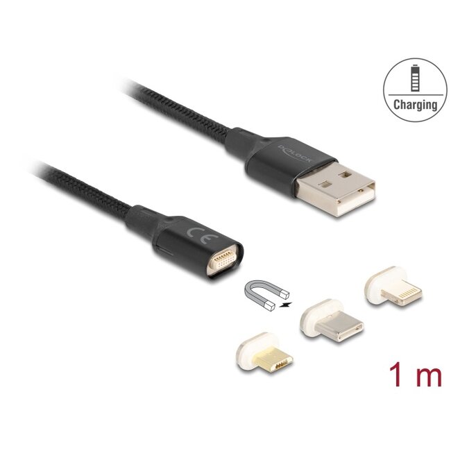 Delock Magnetic USB Charging Cable Set for 8 Pin Lightning™ / Micro USB / USB Type-C™ black 1 m