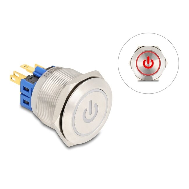 Delock Push Button for Installation 25 mm 6 x solder connection LED red power symbol + ring