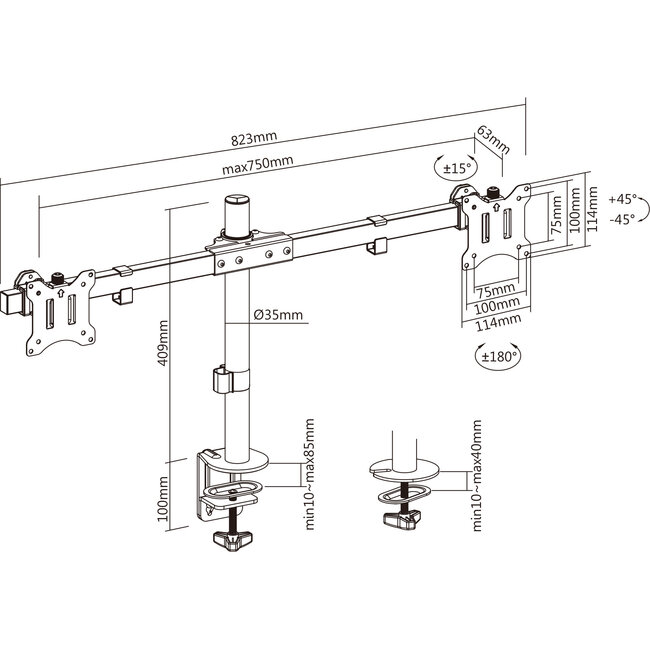 InLine® Desk Bracket for 2x TV / LED / TFT Display up to 81cm 32", max. 9kg, black