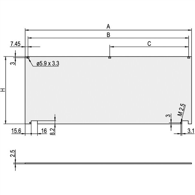 SCHROFF frontplaat, afgeschermd, scharnierende onderzijde, 3 HE, 63 HE, 2,5 mm, al, geanodiseerd vooraan, geleidend achteraan