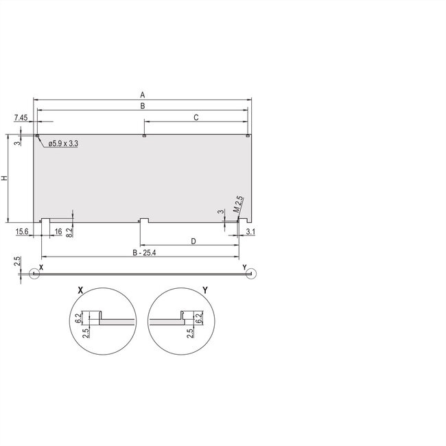SCHROFF frontplaat, afgeschermd, scharnierende onderzijde, 3 HE, 63 HE, 2,5 mm, al, geanodiseerd vooraan, geleidend achteraan