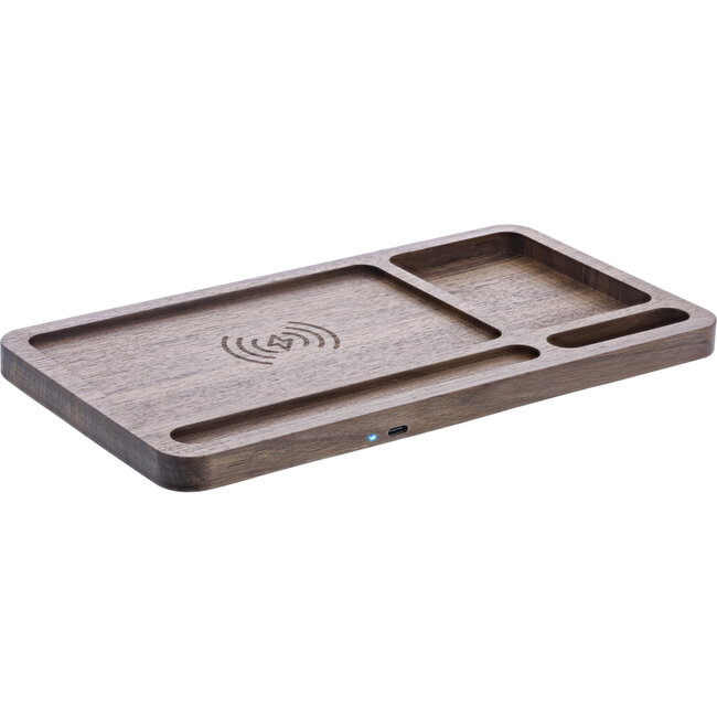 InLine® WoodCharge – Organizer with Qi-Charger , walnut wood, 15W, 1,8m textil cabel