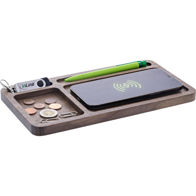 InLine® WoodCharge – Organizer with Qi-Charger , walnut wood, 15W, 1,8m textil cabel