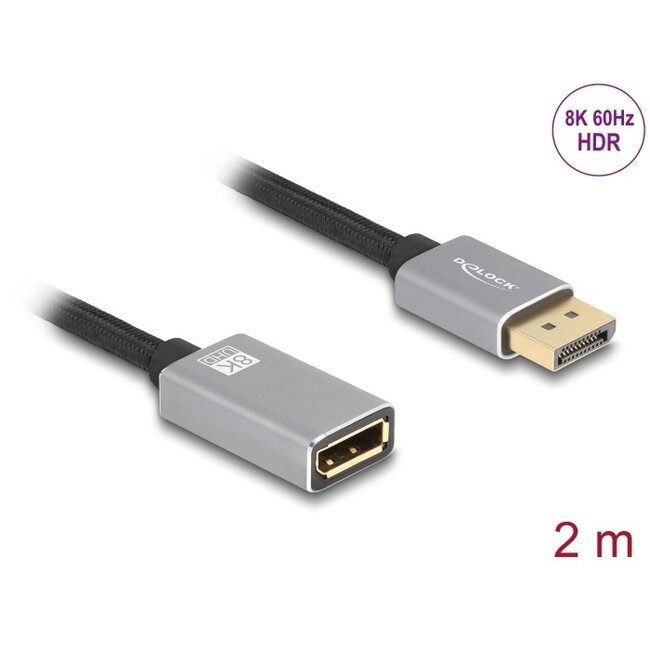 Delock DisplayPort extension cable 8K 60 Hz 2 m grey metal without latch