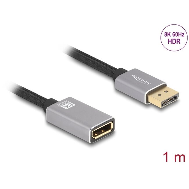 Delock DisplayPort extension cable 8K 60 Hz 1 m grey metal without latch