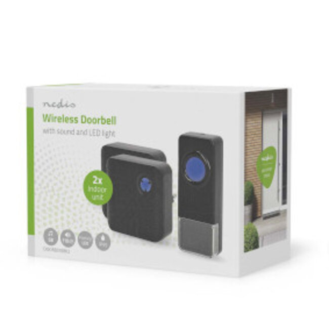 Draadloze Deurbelset | Netvoeding | 100 - 240 V AC 50/60 Hz | 1x 23A 12V | Volume: 110 dB | Signaalbereik: 150 m | IP55 | Instelbaar volume | 58 Melodieën | 2 Ontvangers | Zwart