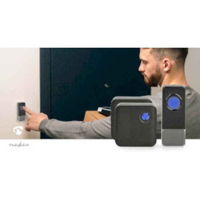 Draadloze Deurbelset | Netvoeding | 100 - 240 V AC 50/60 Hz | 1x 23A 12V | Volume: 110 dB | Signaalbereik: 150 m | IP55 | Instelbaar volume | 58 Melodieën | 2 Ontvangers | Zwart