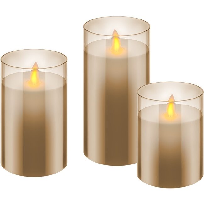 Goobay Set of 3 LED Real Wax Candles in Glass, Gold-Transparent, incl. 10x AAA (LR03)