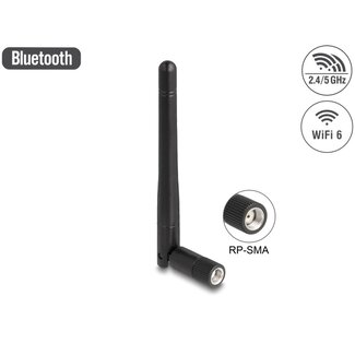 DeLOCK Delock WLAN 802.11 ac/ax/a/b/g/n Antenna RP-SMA plug 2 dBi omnidirectional with tilt joint black DeLOCK Delock WLAN 802.11 ac/ax/a/b/g/n Antenna RP-SMA plug 2 dBi omnidirectional with tilt joint black