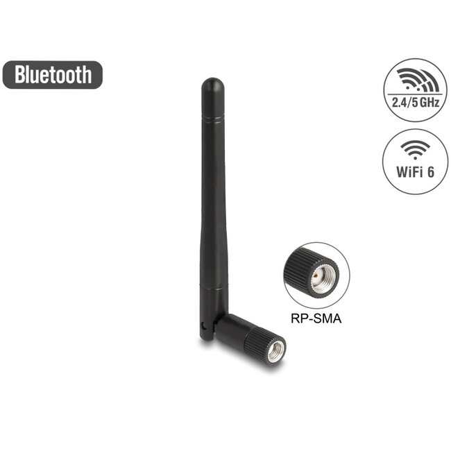 Delock WLAN 802.11 ac/ax/a/b/g/n Antenna RP-SMA plug 2 dBi omnidirectional with tilt joint black