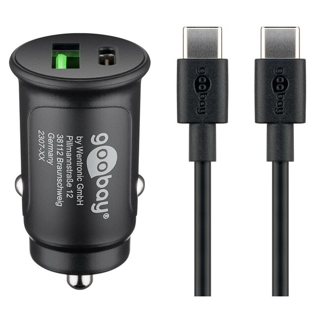 Goobay autolader met 1x USB-A QC en 1x USB-C PD en losse USB-C kabel | 27W