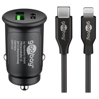 Goobay Goobay autolader met 1x USB-A QC en 1x USB-C PD en losse Lightning kabel | 27W
