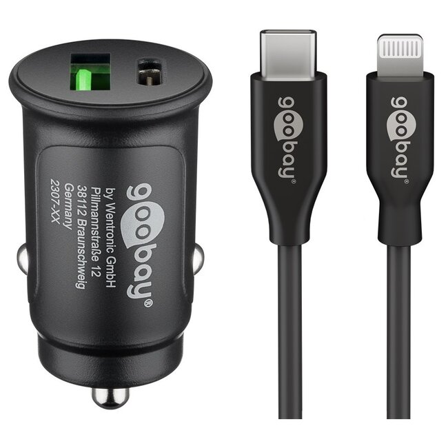 Goobay autolader met 1x USB-A QC en 1x USB-C PD en losse Lightning kabel | 27W