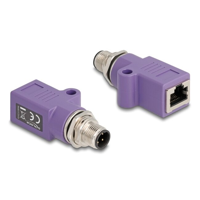Delock M12 Adapter D-coded 4 pin male to RJ45 jack Cat.5e with mounting hole straight violet