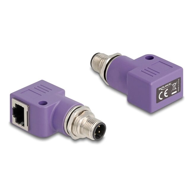 Delock M12 Adapter D-coded 4 pin male to RJ45 jack Cat.5e with mounting hole 90° angled violet