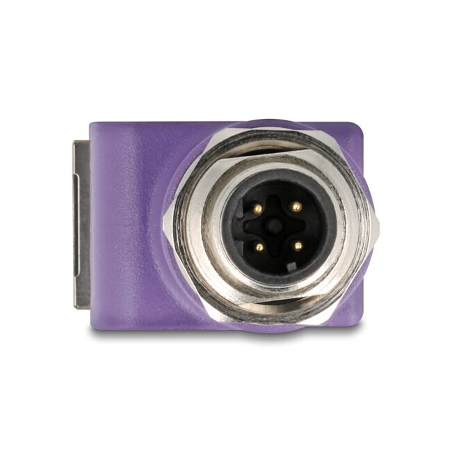 Delock M12 Adapter D-coded 4 pin male to RJ45 jack Cat.5e with mounting hole 90° angled violet