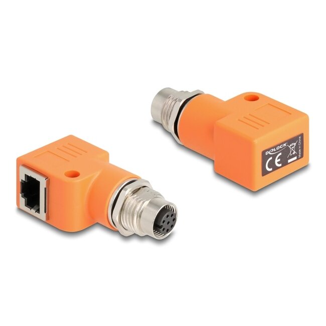 Delock M12 Adapter A-coded 8 pin female to RJ45 jack Cat.5e with mounting hole 90° angled orange