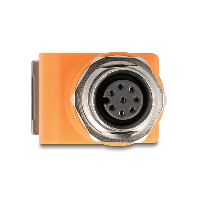 Delock M12 Adapter A-coded 8 pin female to RJ45 jack Cat.5e with mounting hole 90° angled orange