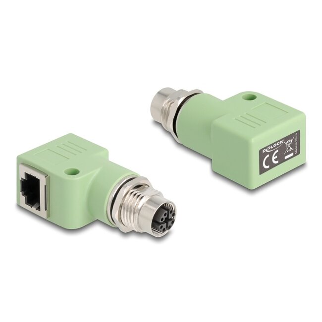 Delock M12 Adapter X-coded 8 pin female to RJ45 jack Cat.5e with mounting hole 90° angled green
