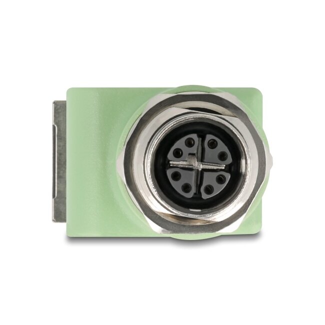 Delock M12 Adapter X-coded 8 pin female to RJ45 jack Cat.5e with mounting hole 90° angled green