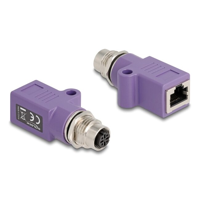 Delock M12 Adapter D-coded 4 pin female to RJ45 jack Cat.5e with mounting hole straight violet