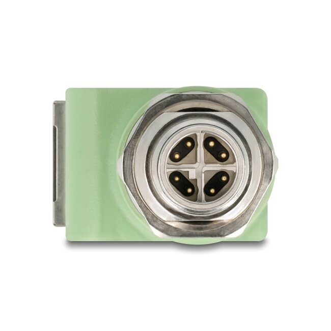 Delock M12 Adapter X-coded 8 pin male to RJ45 jack Cat.5e with mounting hole 90° angled green