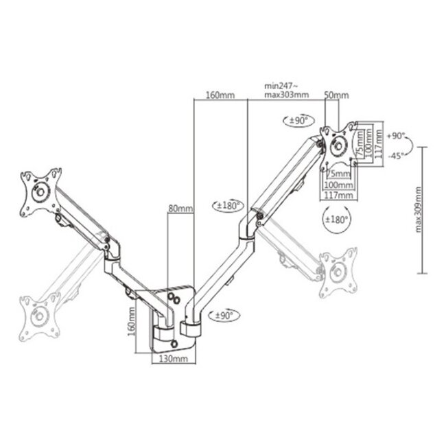 Gembird muurbeugel voor 2 monitoren tot 27 inch | interactief | 5 draaipunten