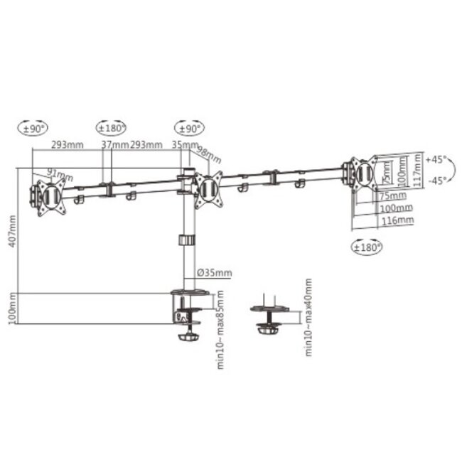 Gembird bureaubeugel voor 3 monitoren tot 27 inch | full motion