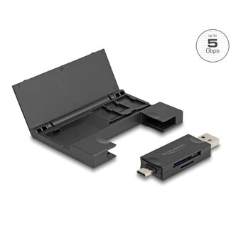 DeLOCK Delock Card Reader USB 5 Gbps USB Type-C™ / Type-A for SD and Micro SD memory cards with practical memory card case - black