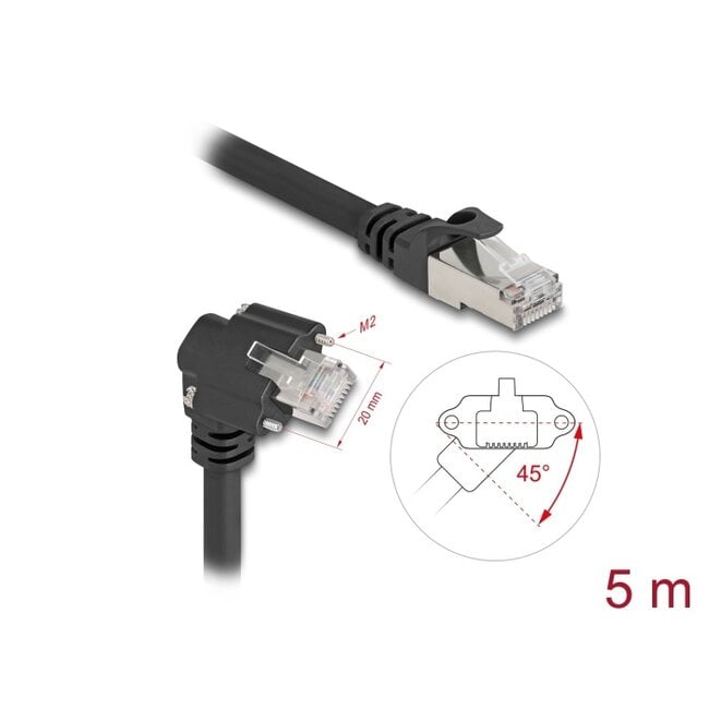Delock GigE Camera Cable RJ45 plug 45° rotated and 90° angled with screws to RJ45 plug Cat.6 S/FTP 5 m black