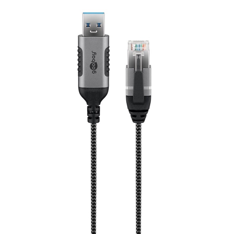 USB-A (m) naar RJ45 (m) Slimline Gigabit Ethernet Kabel - Nylon Sleeve - 15 meter - Zwart/Grijs