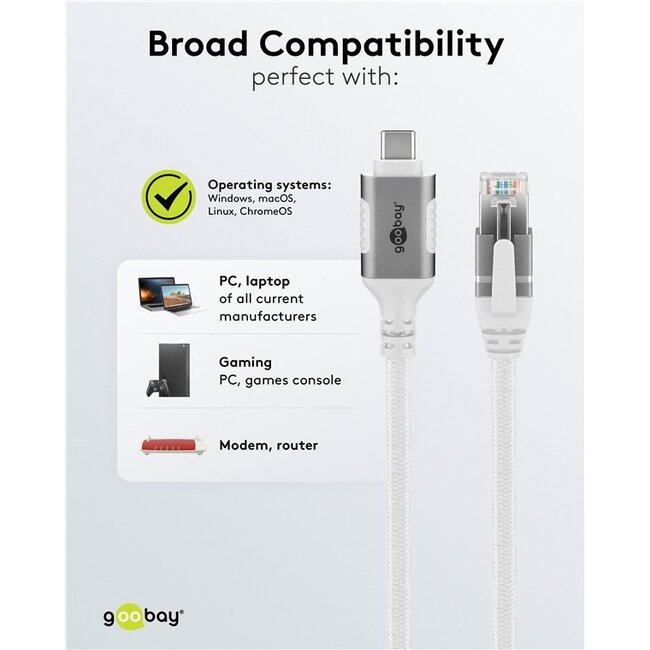 Goobay USB-C naar RJ45 LAN kabel | USB3.0 | CAT6 | wit | 7,5 meter
