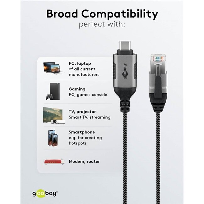 Goobay USB-C naar RJ45 LAN kabel | Slimline | USB3.0 | CAT6 | zwart | 2 meter
