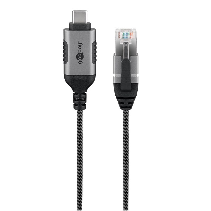 USB-C (m) naar RJ45 (m) Slimline Gigabit Ethernet Kabel - Nylon Sleeve - 10 meter - Zwart/Grijs