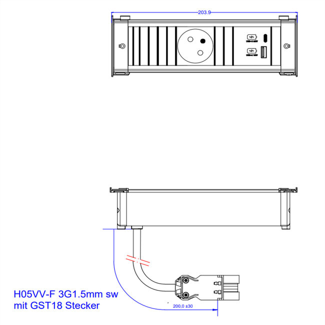 BACHMANN KAPSA S 1xUTE 1xUSB A&C 22W, 0,2m GST18 Frankrijk