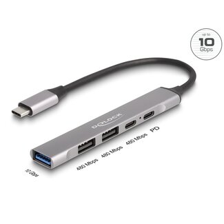DeLOCK Delock 4 Port Slim USB Type-C™ Hub with 1 x USB 10 Gbps Type-A + 2 x USB 2.0 Type-A + 1 x USB 2.0 USB Type-C™ and PD 95 W