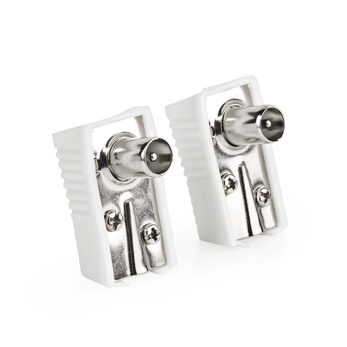 Nedis IEC (Coax) Connector - Gehoekt - Male - Vernikkeld - 75 Ohm - Schroef - Diameter kabelinvoer: 7.0 mm - Metaal / Polyvinylchloride (PVC) - Wit - 2 Stuks - Doos