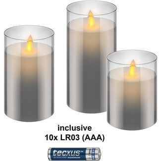 Goobay Goobay Set of 3 LED Real Wax Candles in Glass, Grey-Transparent, incl. 10x AAA (LR03)