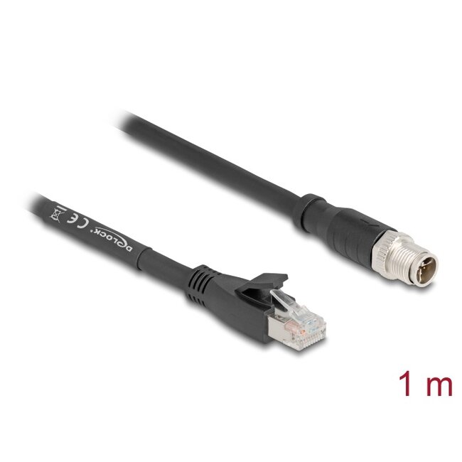 Delock M12 Cable X-coded 8 pin male to RJ45 plug Cat.5e S/FTP flexible 1 m black