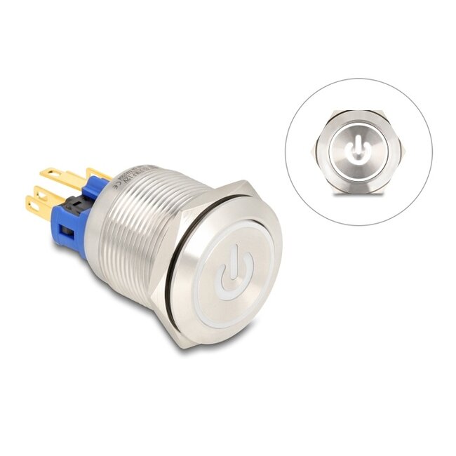 Delock Push Switch for Installation 22 mm 6 x solder connection LED white power symbol + ring