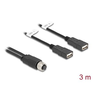 DeLOCK Delock M12 Cable A-coded 8 pin female to 2 x USB 2.0 Type-A female 3 m black