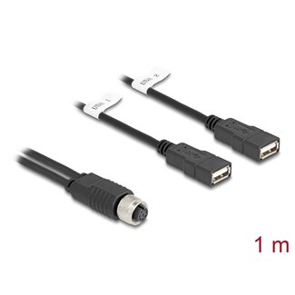 DeLOCK Delock M12 Cable A-coded 8 pin female to 2 x USB 2.0 Type-A female 1 m black
