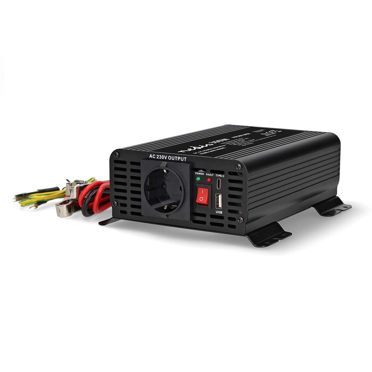 Nedis Inverter Pure Sinusgolf - Ingangsvoltage: 12 V DC - Apparaat stroomoutput: Type F (CEE 7/3) / USB-A / USB-C - 230 V AC 50 Hz - 300 W - Piekvermogen: 600 W - Screw Terminal -