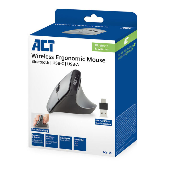 ACT ergonomische USB-A/USB-C en Bluetooth muis | 7 knoppen | 1000-2400 dpi