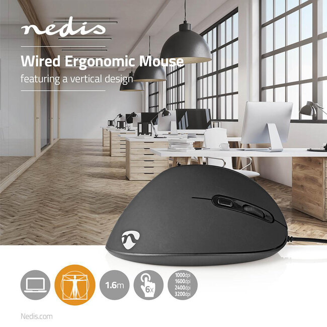 Nedis USB muis | ergonomisch | USB-A | 3600 dpi | 1,6 meter