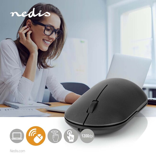 Nedis draadloze muis | compact | USB-A/USB-C dongle | 1200 dpi | 3 knoppen