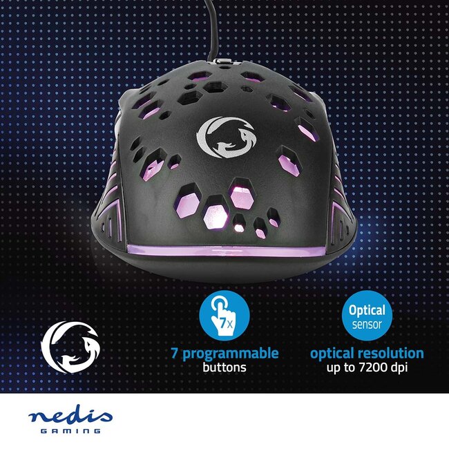 Nedis Gaming USB muis | USB-A | LED | 7200 dpi | 7 knoppen | 1,5 meter