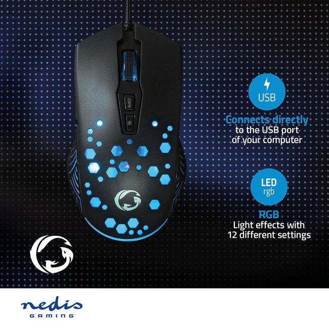 Nedis Gaming USB muis | USB-A | LED | 7200 dpi | 7 knoppen | 1,5 meter